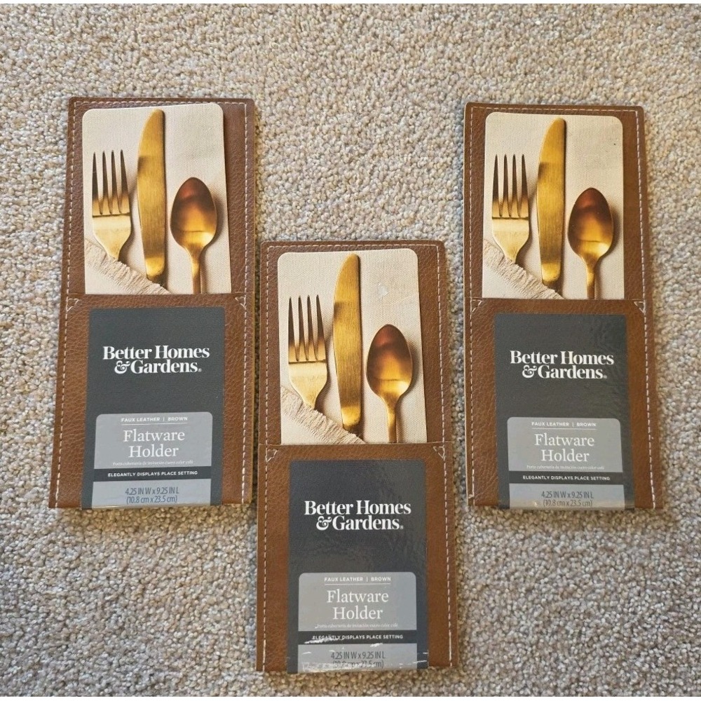 Set Of 3  Flatware Brown Faux Leather Pouches Table Place Setting
